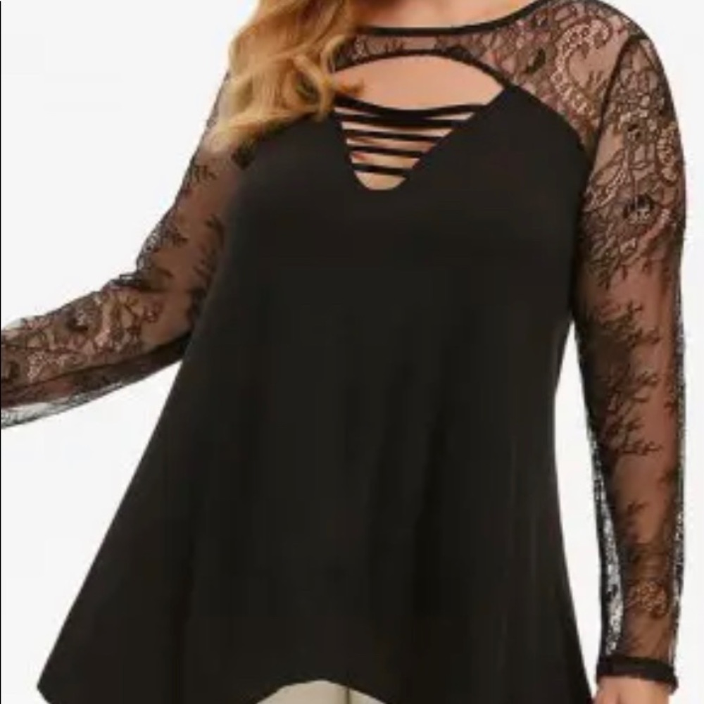 Plus Size Lace Panel Handkerchief Ladder Cut Out Tunic Top